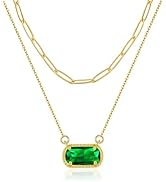 Lourny Gemstone Birthstone Pendant Layered Necklace for Women Trendy, 18K Gold Plated Paperclip C...