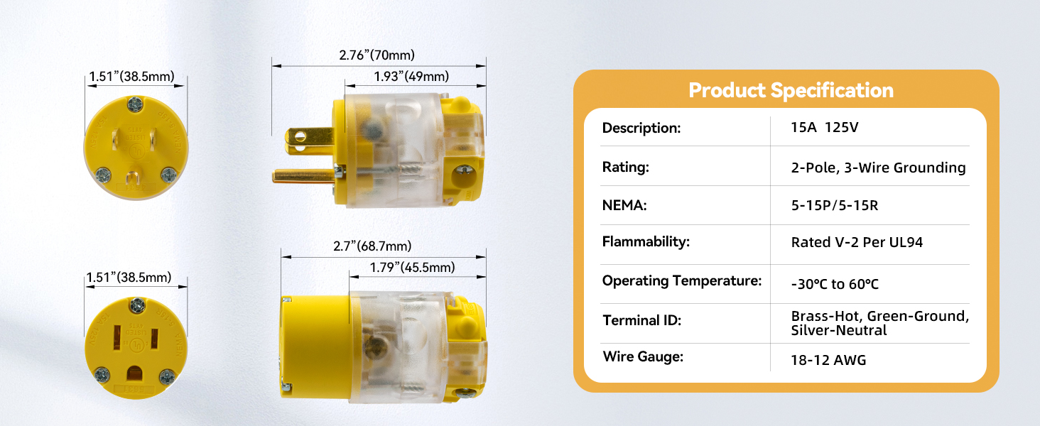 plug and connector 15amp 2pole wire grounding