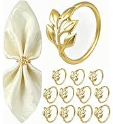 MONKKINO Napkin Rings Set of 12, Mother's Day Shiny Gold Napkin Rings, Solid Zinc Alloy Leaf Shap...
