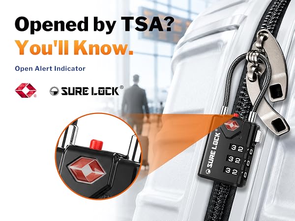 SureLock TSA luggage lock with red open alert indicator after TSA inspection