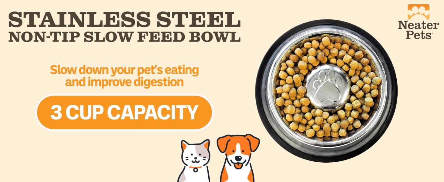 Stainless Steel Non-Tip Slow Feed Bowl, 3 Cup Capacity
