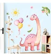 Large Pink Dinosaur Wall Decals Cartoon Dino Balloon Flower Wall Stickers Peel and Stick Wall Art...