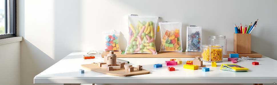 A colorful assortment of toys and games scattered on a wooden surface.
