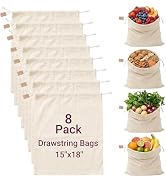 FMLIUY 6oz 100% Cotton Bags with Drawstring,8pcs XXL 15x18inch Reusable Muslin Bulk Sack Produce ...