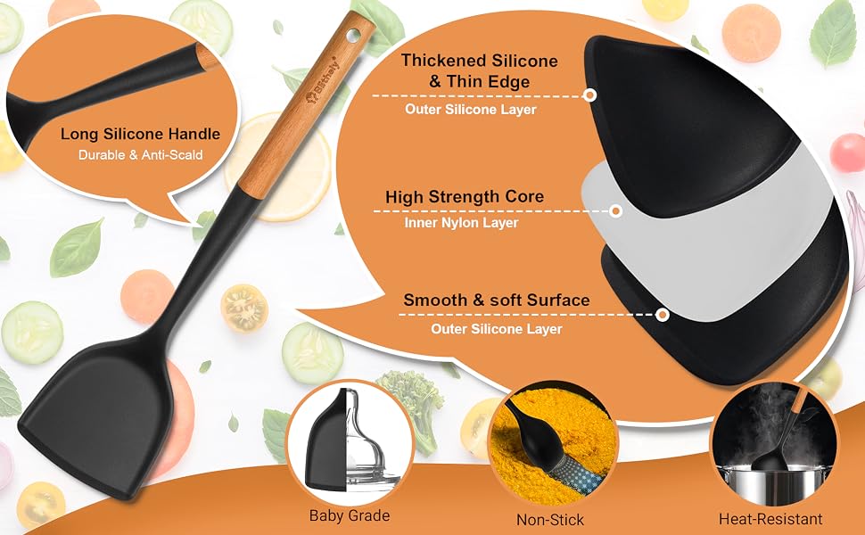 Large Silicone Kitchen Utensils Set with Wood Handle