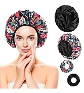 Shower Caps for Women, 2 PCS 3 Layers Terry Lined Shower Cap + 2 Satin Scrunches