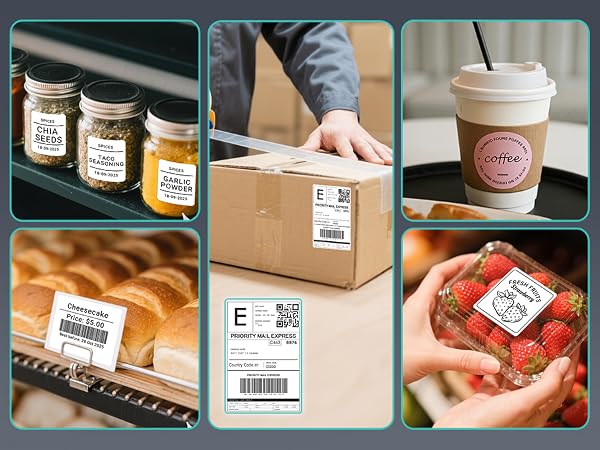Series of images showing shipping label scanning and package handling process. Multiple shots of barcode scanning and label placement on shipping boxes and packages.