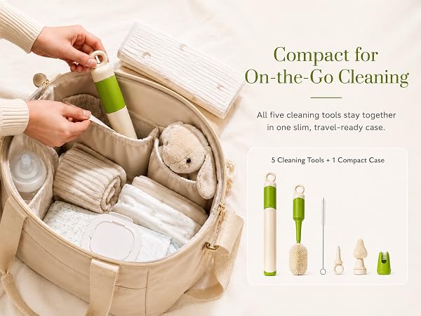Travel bottle brush set with compact diaper bag storage
