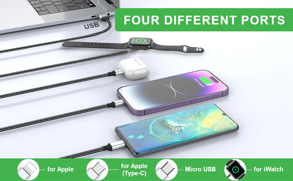 Four different ports. For iPhone, Type-C, Micro USB and for iWatch
