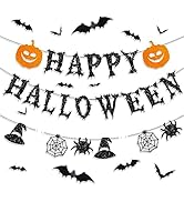 Halloween Banner, Happy Halloween Banners with Halloween 3D Bats Stickers, Horror Pumpkin Witch H...