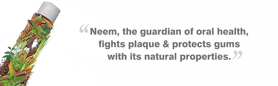 Colorful toothpaste tube with nature-inspired design, accompanied by text highlighting neem's benefits for oral health, plaque fighting, and gum protection.