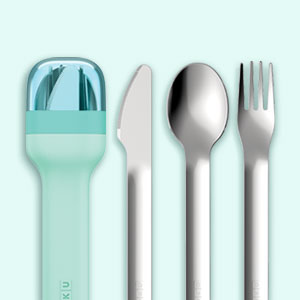 ZOKU Pocket Utensils teal fork knife spoon in travel case