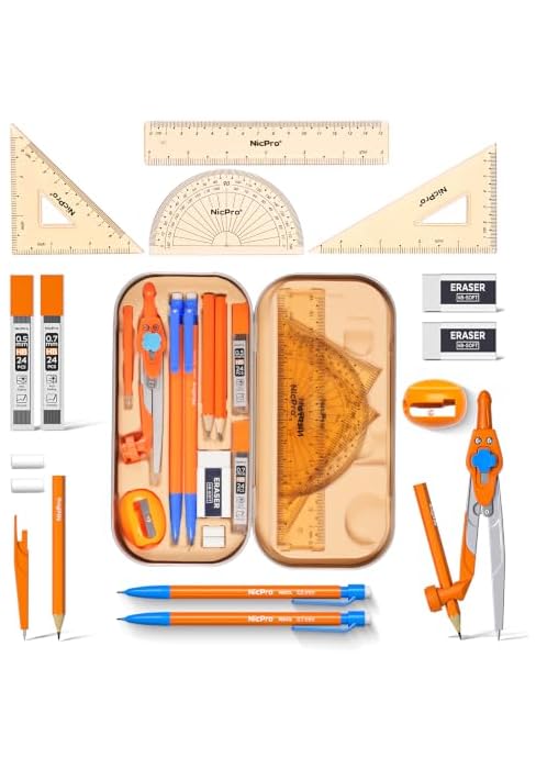 Nicpro 17 PCS Geometry Set, Protractor and Compass Set for School Students | Metal Case, Math Com...