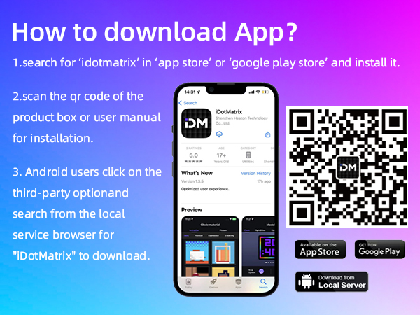 Text reads 'How to download App? 1. Open the "App Store" or "Google Play" and search for the app. 2. Start the try-out of the product from the "FREE or PAID" section or get "Installer". 3. Once installed, open the app and check the new optional watch movie on the "Details" to download.' Mobile phone displaying purple-themed app interface with QR code.