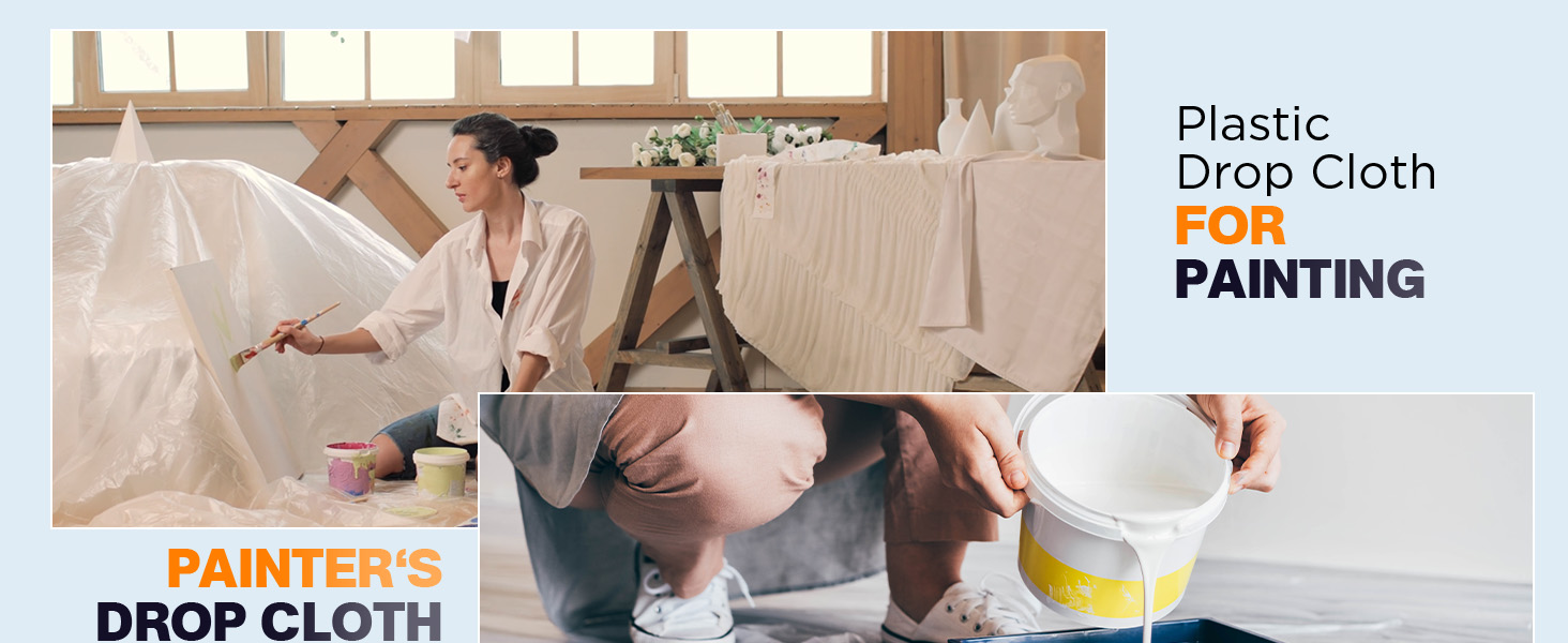 Thick plastic dust sheets shield surfaces from paint spills and debris.