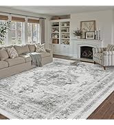 PureCozy Washable Rug 9x12 Area Rug for Living Room Gray Vintage Boho Medallion Large Grey Distre...