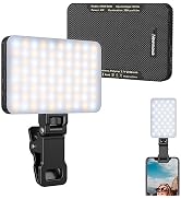 Portable LED light panel with 3 views: full panel, rear with specifications, and attached to smartphone. Features adjustable clip, textured back, and compact design for mobile photography.
