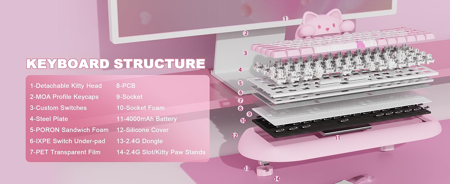 Text reads 'KEYBOARD STRUCTURE' with specifications listed including 'Mechanical Keyboard', 'Gasket Structure', 'RGB Backlit' and other features. Pink and white mechanical keyboard shown from side angle with visible key switches and case structure.