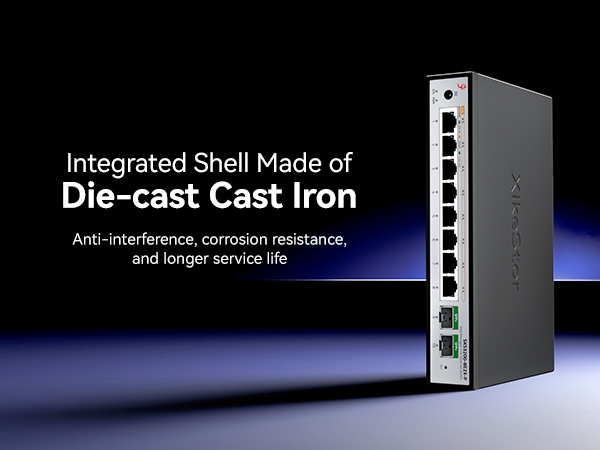 Text reads: 'Die-cast Cast Iron' and 'Integrated Shell Made of'. Technical product shots of what appears to be electronic or networking equipment against dark background.