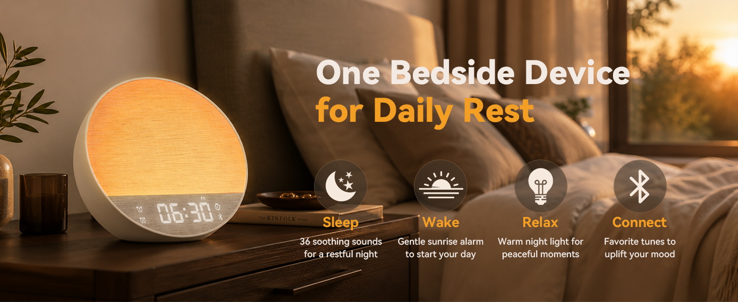 Sunrise alarm clock with white noise sound machine and Bluetooth speaker on a bedroom nightstand.