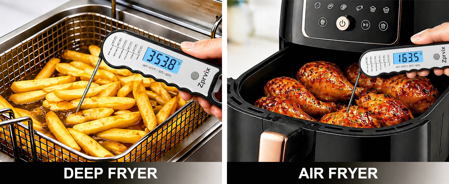 Food thermometer for deep fryer and air fryer cooking with fast and precise temperature measurement