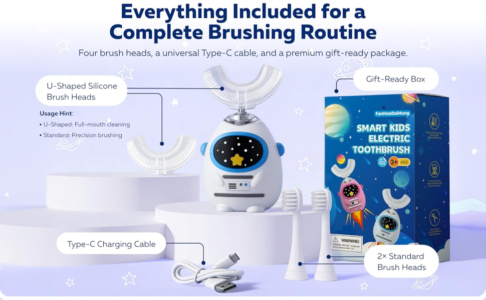 Kids U-shaped electric toothbrush set with 4 brush heads Type-C charging cable and gift box