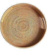 Round Rattan Tray, Hand Woven Serving Tray with Handles, Wicker Serving Basket, Decorative Tray f...