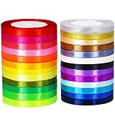 25 Rolls 625 Yards 25 Rainbow Colors Fabric Ribbons Bulk Silk Satin Ribbon Glitter Metallic Ribbo...