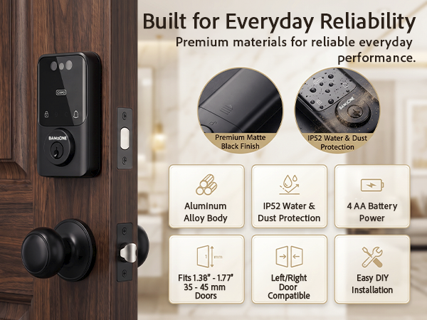 Smart door lock with premium materials and IP52 protection