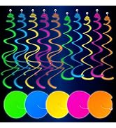 HonuGoGo 48ct Fluorescent Neon Hanging Swirl Decorations, 5-Color Paper Swirls Glow in Blacklight...