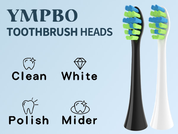 YMPBO Toothbrush Replacement Heads feature Clean, White, Milder, and Polish functions.