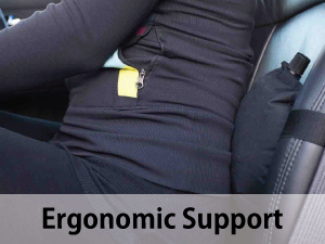 Close-up of SMART TRAVEL lumbar pillow providing ergonomic lower back support while sitting.