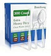 Bosizhang 300 Count Extra Heavy Duty Plastic Silverware, 120 Spoons, 120 Forks, 60 Knives, BPA-Fr...