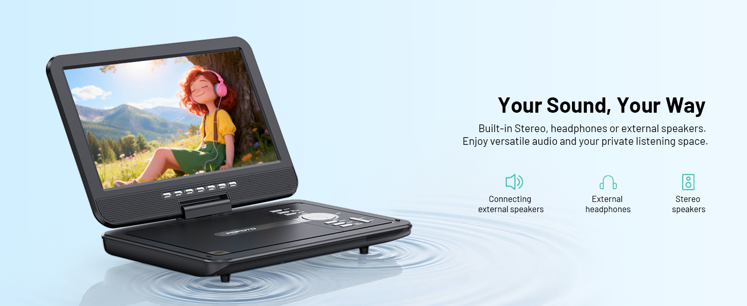 portable dvd player With dual speakers and audio jack for headphones or speakers.