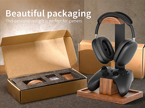 Solid Walnut Wood Headphone Stand with Controller Holder|2-in-1 Gaming Desk Organizer|for PS5