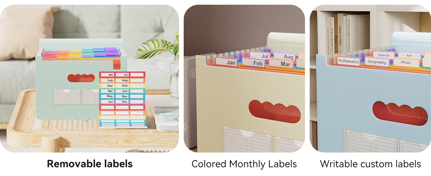 Text reads 'Removable labels', 'Colored Monthly Labels', 'Writable custom sheets'. Three-panel image showing organizational label system with pastel color coding.