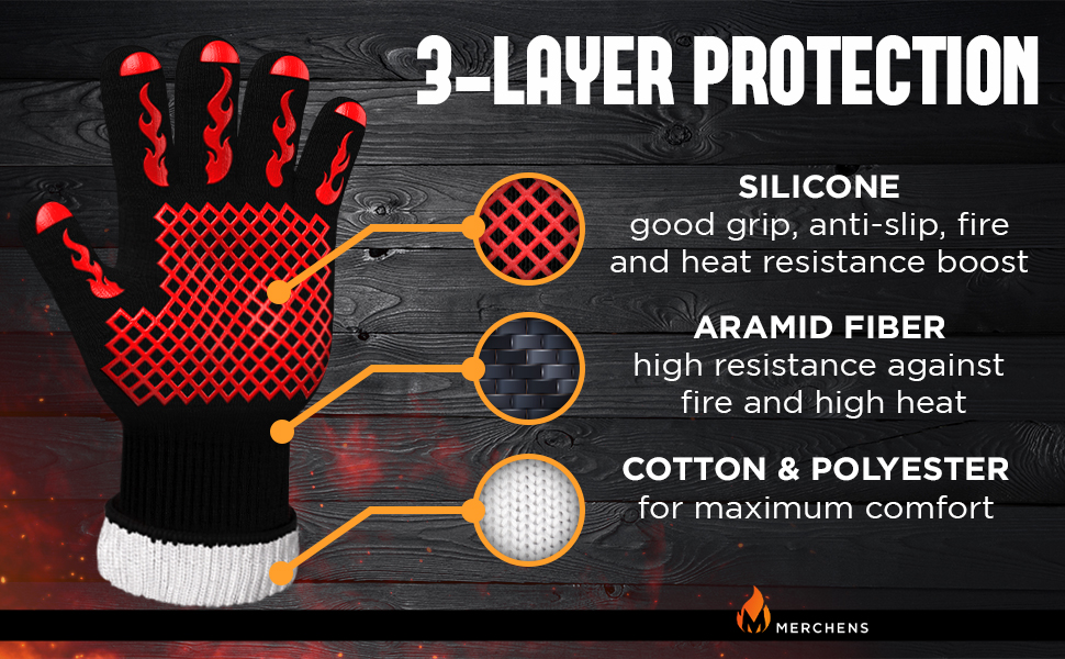 grilling gloves bbq gloves heat resistant gloves 3-layer silicone gloves fiber gloves heat-proof