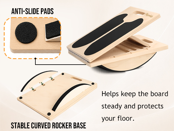 Slant balance board with anti-slide pads and curved rocker base for floor protection.