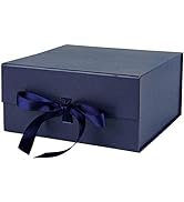 WRAPAHOLIC 2Pcs Navy Gift Box with Satin Ribbon, 8x8x4 Inches Collapsible Gift Box with Magnetic ...