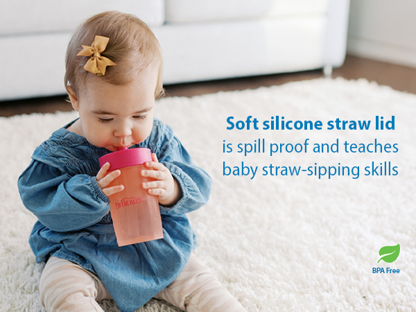 Soft silicone straw lid is spill proof and teaches baby straw-sipping skills; BPA Free