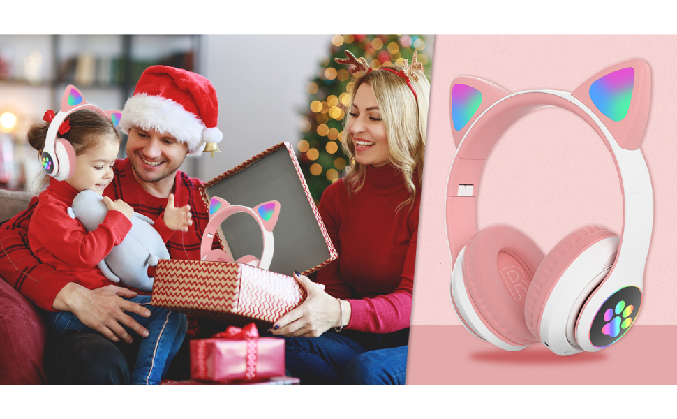 Kids Headphones Cat Ear Wireless Headphones LED Light Up Kids Bluetooth w/Microphone for iPhone/iPad