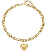 Elegant Gold Plated Heart Pendant Necklace for Women, Chunky Statement Chain with Secure Lobster ...