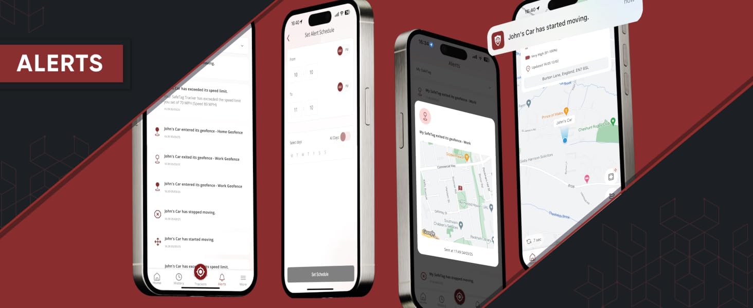 Multiple smartphone screens displaying map interfaces with red alert markers, showcasing a mobile app's alert system functionality.