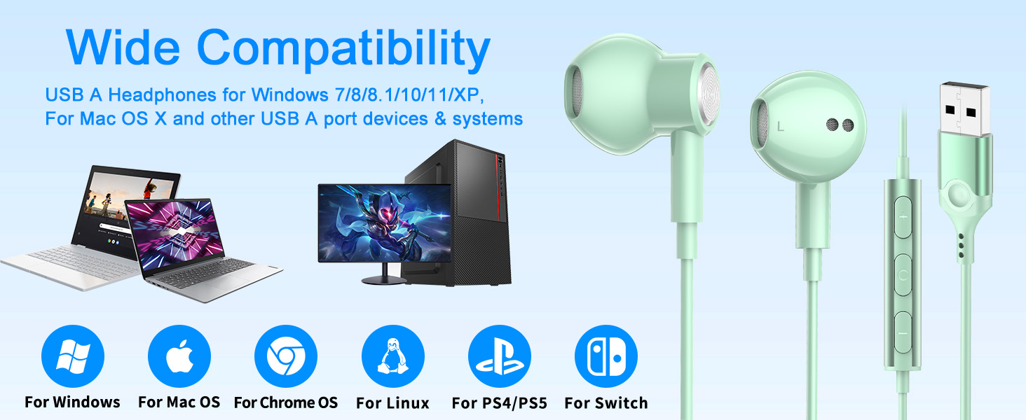 USB A Headphones for Computer, Wired USBA Earbuds