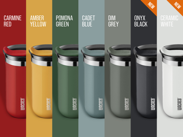 Row of insulated drink tumblers in seven colors from red to white, each with matching lid and modern design elements.