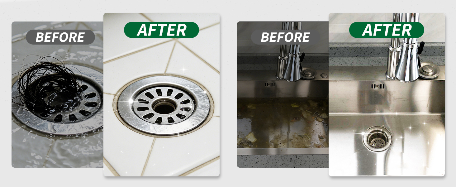before: clogged bathroom shower drain & kitchen sink drain. after: The blockage has been cleared.