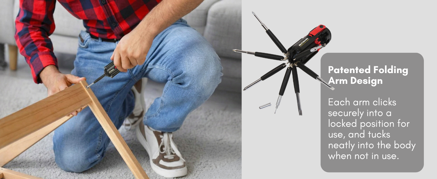 Patented Folding Arm Design Each arm clicks into a locked position for use