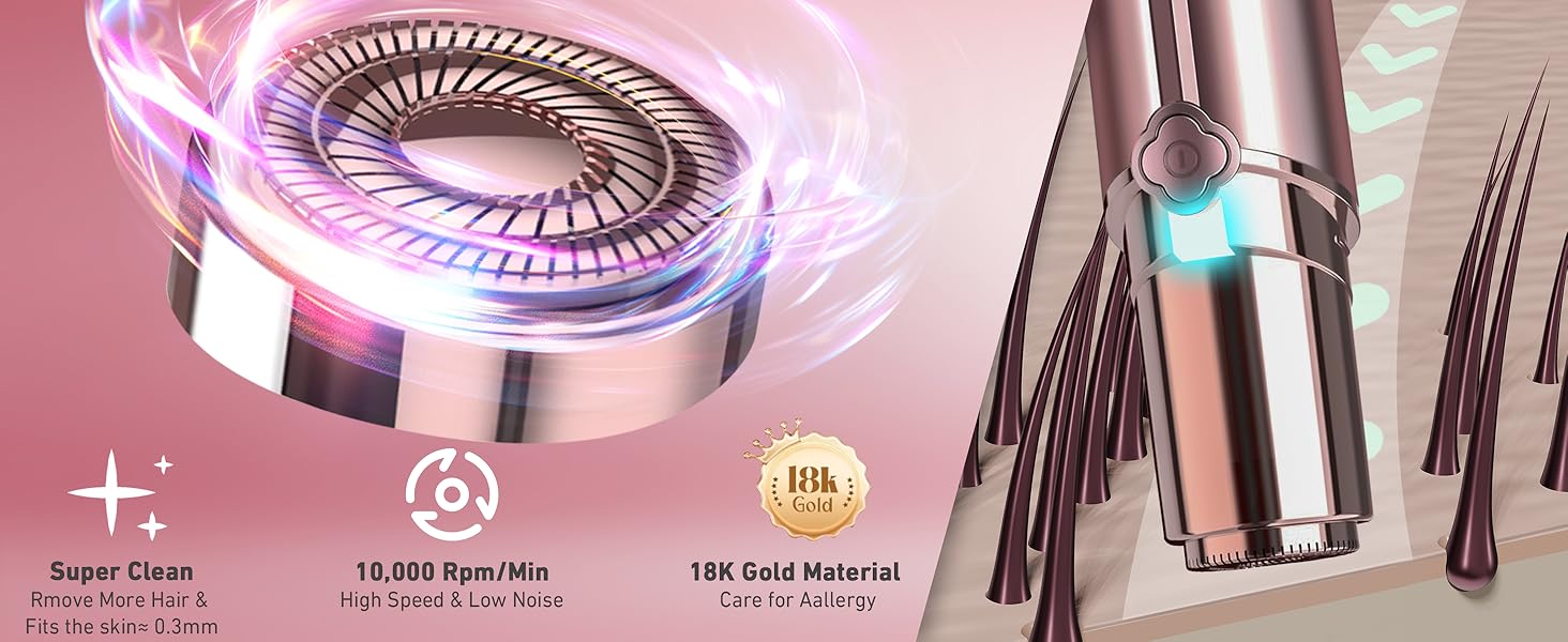 Close-up of a rotating device with metallic finish showing technical specifications including 10,659 RPM speed and 18k gold material features with glowing blue lighting effects.