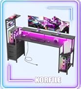 Korfile 63 Inch Gaming Desk with LED Lights & Power Outlets,Computer Desk with Fabric Drawers
