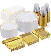 GATHER 350pcs Gold Plastic Plates - Disposable Plastic Dinnerware Set Include 50 Gold Dinner Plat...